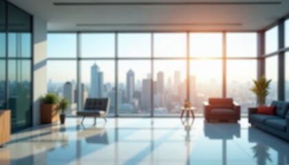 Fototapeta premium Blurred View of Modern Office Interior Showcasing Panoramic City Skyline for Professional Use