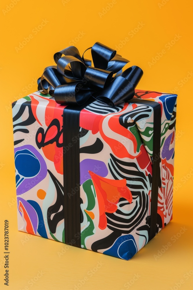 Poster conceptual design of a holiday present with surreal patterns.