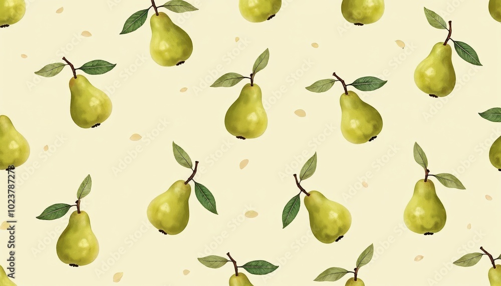 Poster seamless pattern of fresh pears with green leaves on a soft peach background for modern design