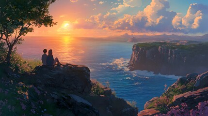 A couple sitting on the edge of an ocean cliff, watching as the sun sets over the horizon