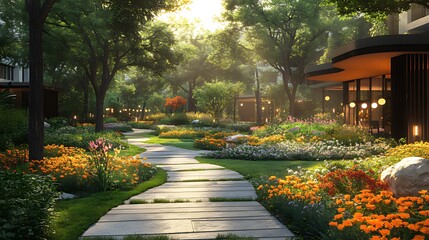 Fototapeta premium A winding stone path leads through a lush garden with blooming flowers and green foliage. The sun shines through the trees, creating a warm and inviting atmosphere.