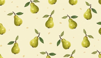 Seamless Pattern of Fresh Pears with Green Leaves on a Soft Peach Background for Modern Design