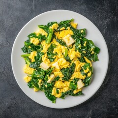 Healthy Tofu and Scrambled Egg Stir Fry with Chinese Greens on Plate