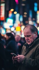 Intellectual Person Immersed in Podcast on Busy City Street