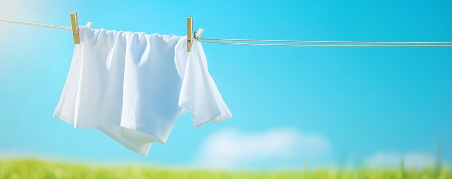 Oldfashioned laundry line with fresh clothes blowing in the wind, symbolizing natural cleaning, Airdried laundry, Sustainability in traditional cleaning methods