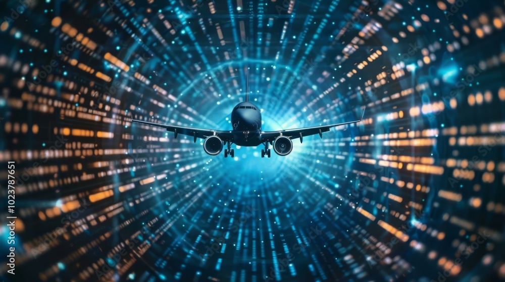 Poster conceptual photo of an aircraft navigating through a digital grid.