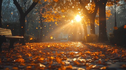 A park path covered in autumn leaves with sunlight shining through the trees.