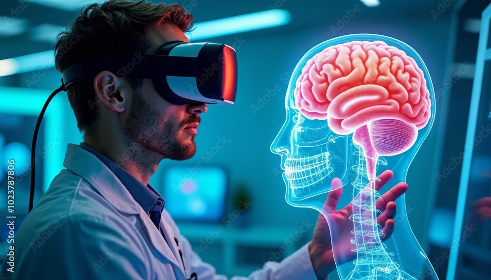 Poster exploring the future: a man engaged with holographic brain projection using virtual reality technolo