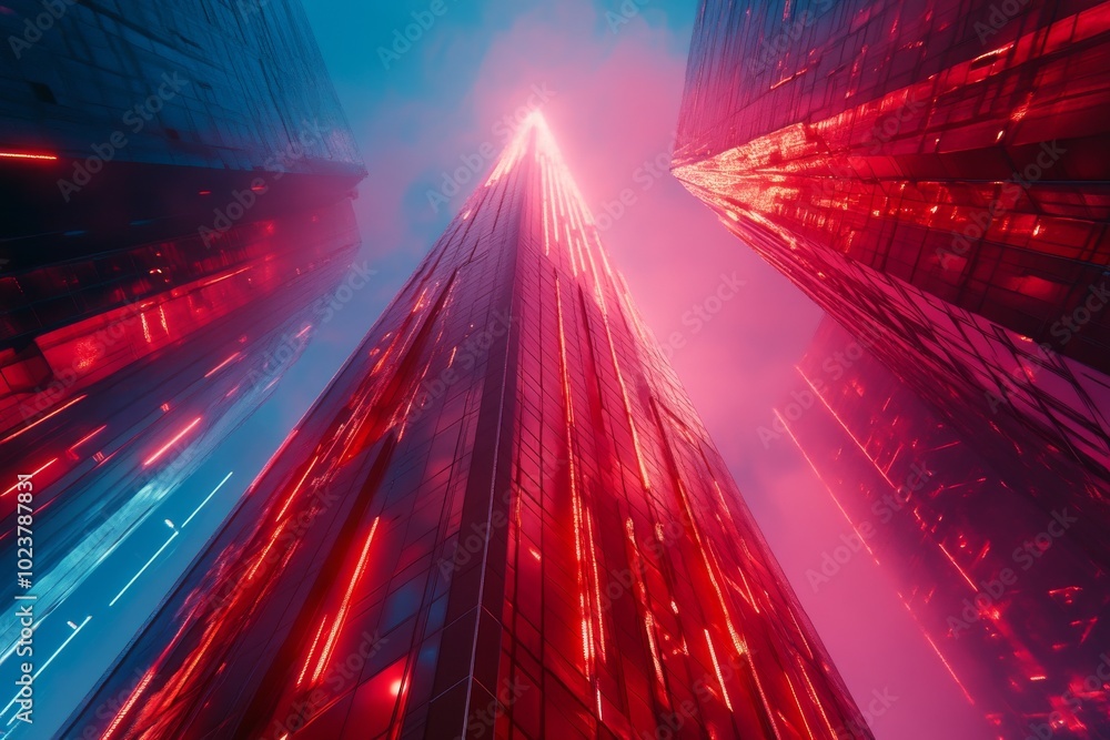 Poster conceptual visualization of a futuristic skyscraper, featuring dynamic synthwave aesthetics and abst
