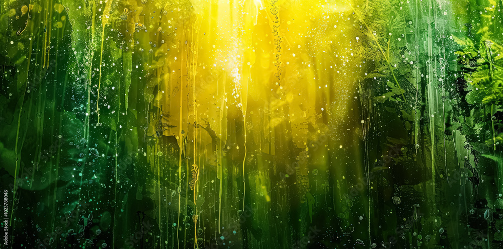 Poster lush green forest with a waterfall in the background. the water droplets are falling from the trees 