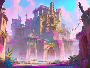 Opulent Surreal Fantasy Manor in Lush Dreamlike Landscape with Ornate Turrets and Vibrant Colors