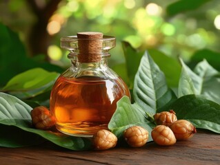 Sacha Inchi Oil in Glass Bottle with Organic Sacha Inchi Leaves and Nuts in Serene Woodland Setting