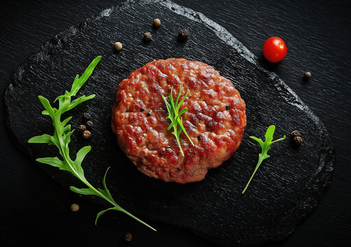 Homemade meat patty, top view, round burger with texture, on a black background.