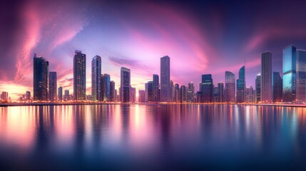 Fototapeta premium City Skyline at Dusk with Colorful Reflections