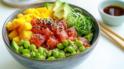 Vibrant Poke Bowl with Fresh Fish, Avocado, and Mango Garnish for Minimalist Cuisine