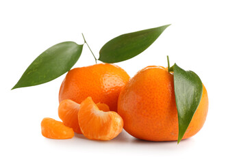 Sweet mandarins with leaves on white background