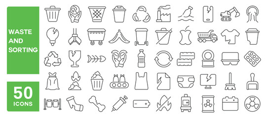 Set of 50 line icons related to waste and sorting, recycling, trash, management, plastic, garbage, dump, landfill, Editable stroke. Vector illustration