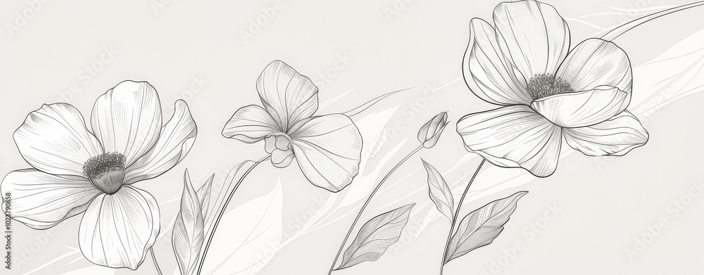 Aufkleber drawing of three flowers with a white background. the flowers are drawn in black and white. the flow
