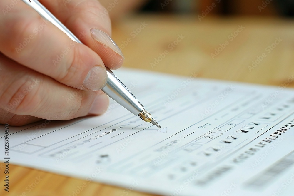 Poster close-up photo of a person filling out a survey form with a pen, showcasing the process of providing