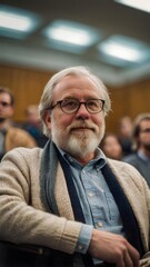 A portrait of a professor with white hair and rimmed glasses, dressed in a suit, in a well-lit, contemporary lecture hall with students visible in the background.