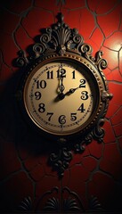 A vintage ornate wall clock against a textured red wall, evoking a sense of nostalgia and timelessness, ideal for home decor, interior design, or vintage themed projects.