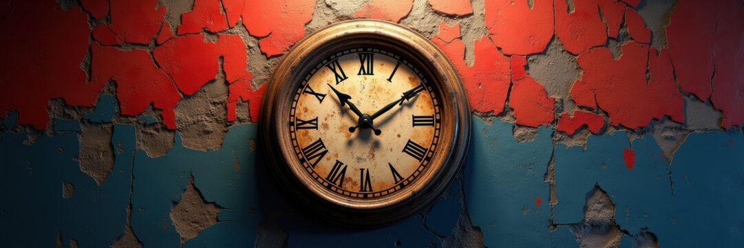 Vintage clock against a backdrop of peeling paint, capturing a sense of time and nostalgia. Perfect for themes of history, restoration, or urban decay.