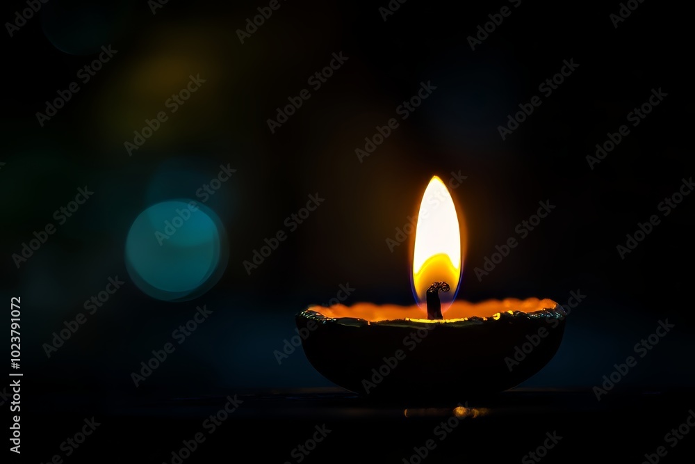 Poster close-up of a single candle flame glowing in the dark with a soft bokeh background, creating a seren