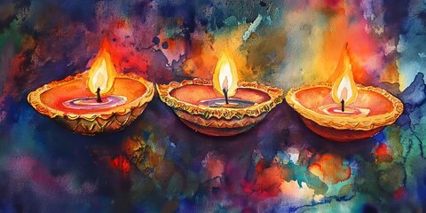 Diwali diyas in a vibrant watercolor painting