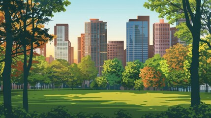 Obraz premium Modern Cityscape with Spacious Park and Tall Buildings in a Peaceful Urban Setting - Vector Illustration