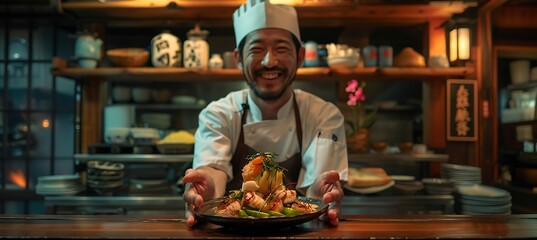 A cheerful chef is expertly preparing a flavorful dish, showcasing culinary skills with a bright smile and a passion for cooking.