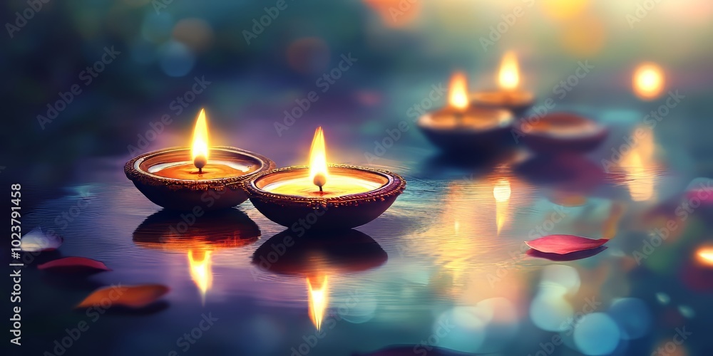 Poster a group of candles are lit in a bowl of water, creating a serene and calming atmosphere