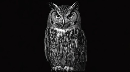 An owl sitting still on a black background, its intricate feathers and wide eyes glowing in the dark.