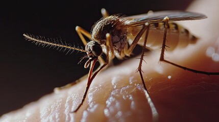 Naklejka premium Close-up of a mosquito landing on a finger, highlighting its tiny details and sharp contrast against human skin.