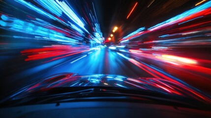 A blurry view of a car driving at night in a city, with streaks of red and blue lights from passing cars and street lights.