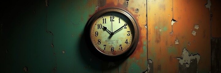 A vintage clock hanging on a rustic wall, evoking a sense of nostalgia and timelessness, perfect for home decor or lifestyle themes.