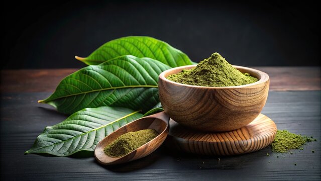 Minimalist composition of Mitragyna speciosa kratom leaves and powder in wooden cup on black background