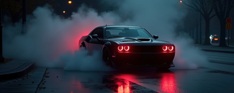 A sleek black car performing a dramatic burnout amidst swirling smoke and colorful lights, capturing the essence of automotive power and adrenaline-fueled excitement.