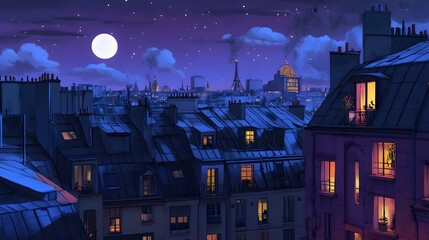 Flat illustration of the rooftops in Paris at night