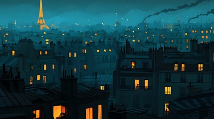 Flat illustration of the rooftops in Paris at night