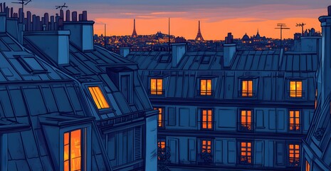 Flat illustration of the rooftops in Paris at night