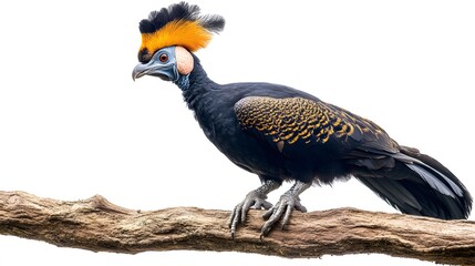 Fototapeta premium Northern Helmeted Curassow Perched on a Branch on a White Background, Realistic Photo, Standard Background, Wallpaper, Cover and Screen of Smartphone, PC, Laptop, 9:16 and 16:9 Format
