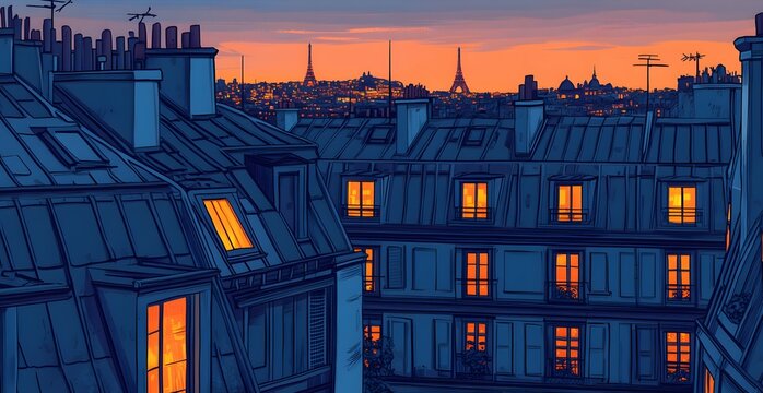 Flat illustration of the rooftops in Paris at night