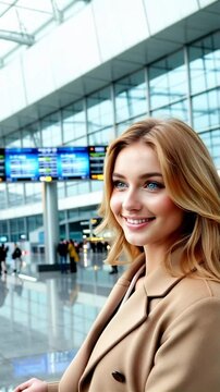 A smiling woman standing in an airport terminal, gazing thoughtfully at the flight information displays, exuding confidence and calm as she prepares for her next journey