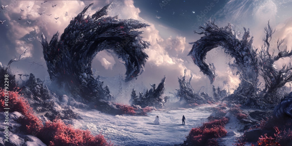 Poster a fantasy landscape with two large, twisted trees and a person standing in the snow. scene is myster
