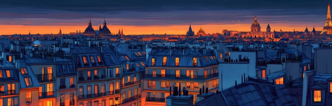 Flat illustration of the rooftops in Paris at night