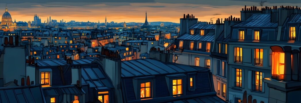 Flat illustration of the rooftops in Paris at night
