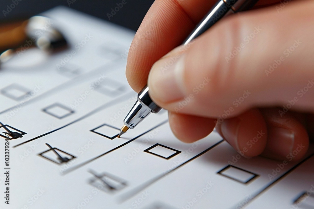 Poster close-up shot of a person's hand marking off items on a checklist with a pen.