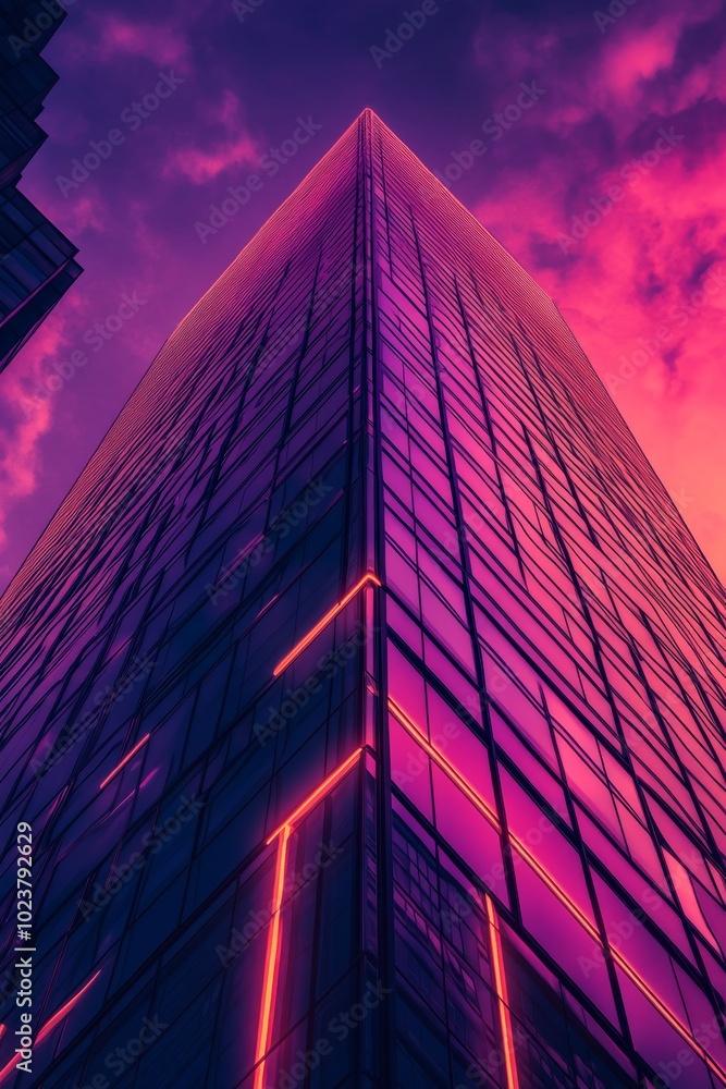 Poster elegant and minimal design of a synthwave-inspired skyscraper, featuring clean lines.