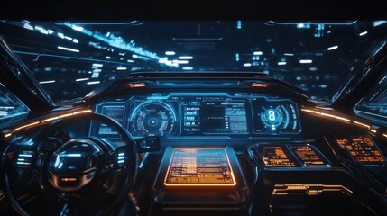 Fototapeta premium Futuristic car interior with glowing digital dashboard and steering wheel in a tunnel lit by blue neon lights.