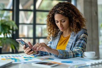 professional woman analyzing data and graphs on her digital tablet and mobile phone in a modern office setting.